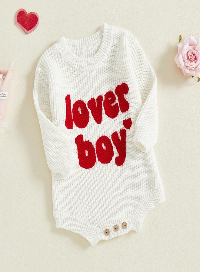 DNOMAID YZARC Newborn Infant Baby Boy Valentines Outfit Lover Boy Embroidery Sweater Romper Long Sleeve Chunky Knit Bodysuit (White, 0-3 Months) - Image 4