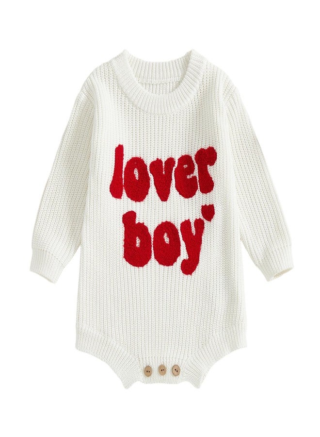 DNOMAID YZARC Newborn Infant Baby Boy Valentines Outfit Lover Boy Embroidery Sweater Romper Long Sleeve Chunky Knit Bodysuit (White, 0-3 Months) - Image 1