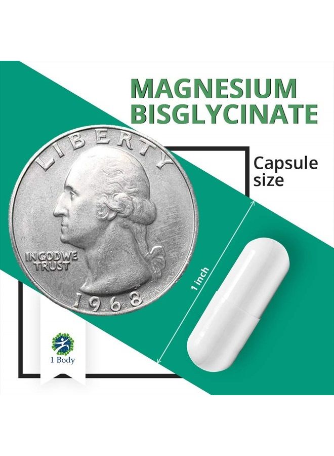 1 Body Magnesium Bisglycinate Chelate - Reduce Muscle Cramps and Improve Sleep - Maximum Absorption with no Laxative Effects - 100% Chelated - 44 mg of Pure Magnesium Bisglycinate Per Capsule - Image 2