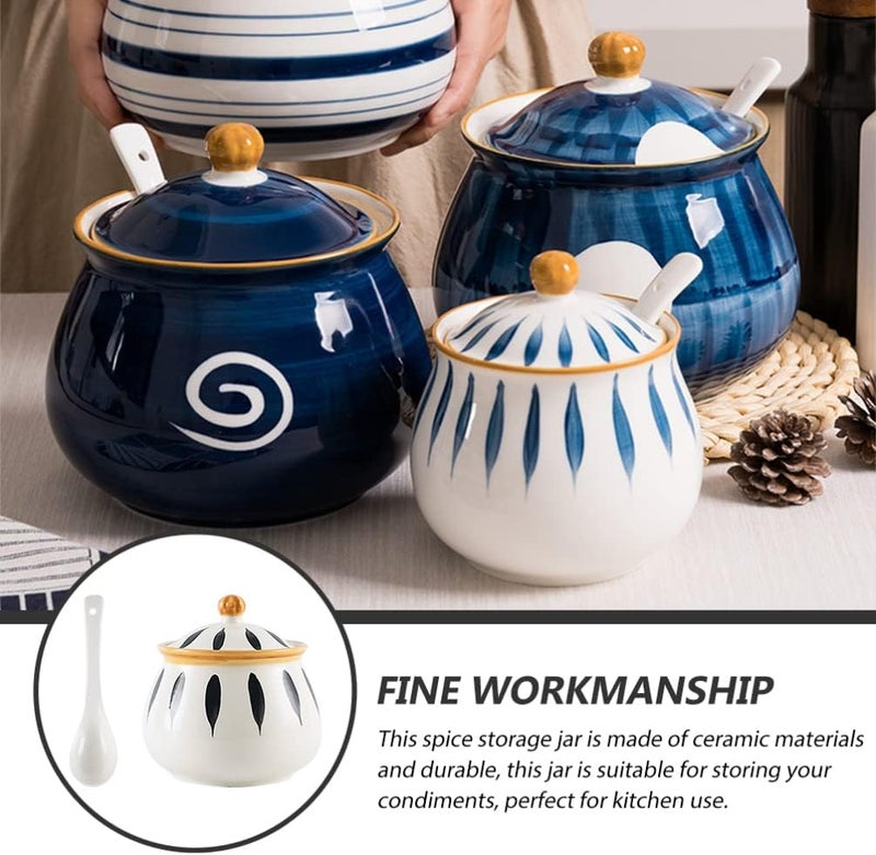 Ornament Container Ceramic Salt Jar, Ceramic Sugar Bowl with Lid Porcelain Salt Jar Condiment Pots with Spoons for Home Kitchen (White) Coffee Containers - Image 5
