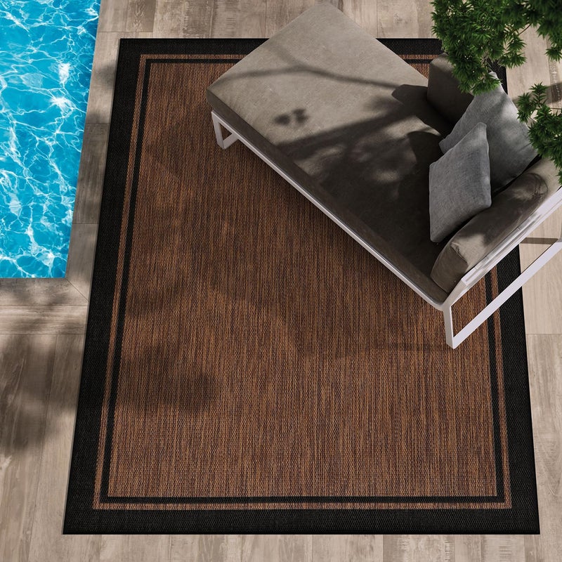 CAMILSON Indoor Outdoor Rug, 8x10 Bordered Nut Brown Black Modern Area Rugs for Indoor and Outdoor Patios, Kitchen and Hallway Mats, Washable Porch Deck Outside Carpet (Bordered Nut Brown, 8 x 10) - Image 4