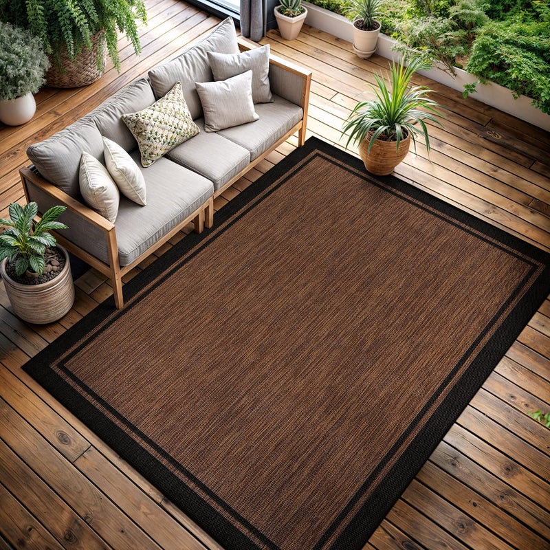 CAMILSON Indoor Outdoor Rug, 8x10 Bordered Nut Brown Black Modern Area Rugs for Indoor and Outdoor Patios, Kitchen and Hallway Mats, Washable Porch Deck Outside Carpet (Bordered Nut Brown, 8 x 10) - Image 1