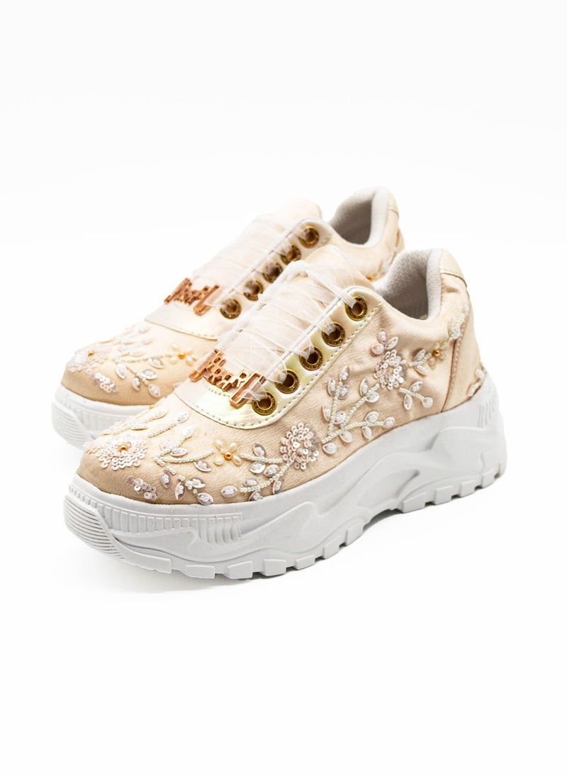 RETTROSE Sarah Buttermilk Satin Luxury Handmade Embellished Women’s Trainer Shoes – RETTROSE | Comfortable, Long Lasting, Luxury Beige Design  - Image 2