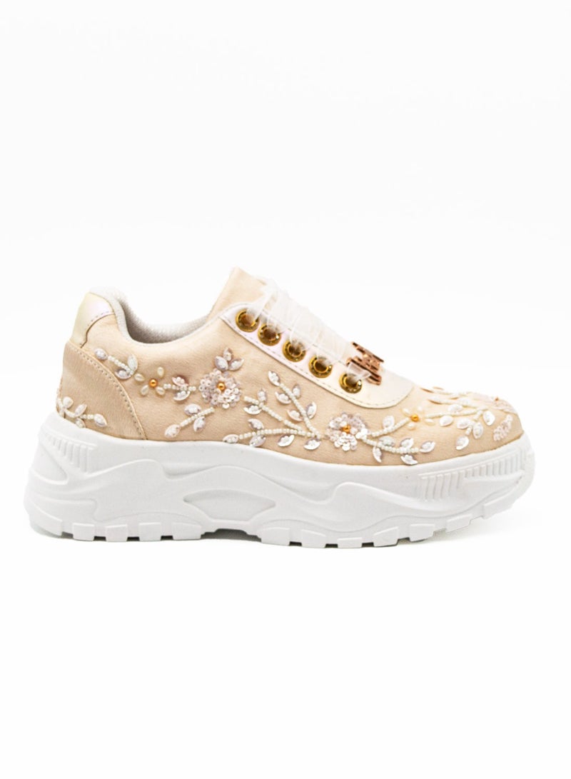 RETTROSE Sarah Buttermilk Satin Luxury Handmade Embellished Women’s Trainer Shoes – RETTROSE | Comfortable, Long Lasting, Luxury Beige Design  - Image 1