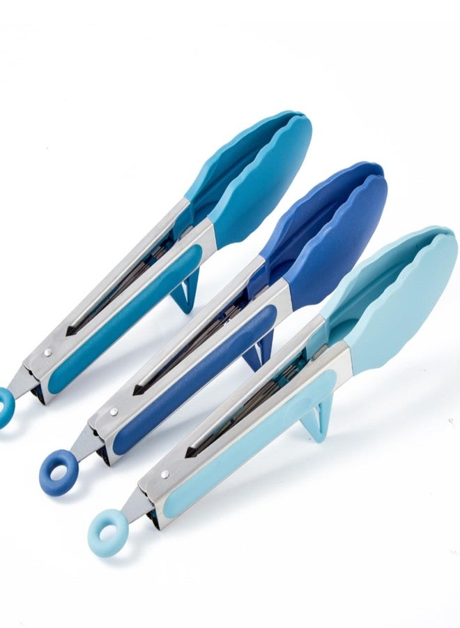 TOWINGO 9" Kitchen Tongs, 3Pcs Tongs for Cooking with Silicone Tips, Food Grade Small Silicone Tong, Mini Serving Tong for BBQ Salad(Gradient Blue) - Image 1