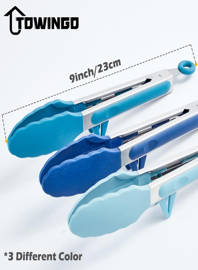 TOWINGO 9" Kitchen Tongs, 3Pcs Tongs for Cooking with Silicone Tips, Food Grade Small Silicone Tong, Mini Serving Tong for BBQ Salad(Gradient Blue) - Image 5