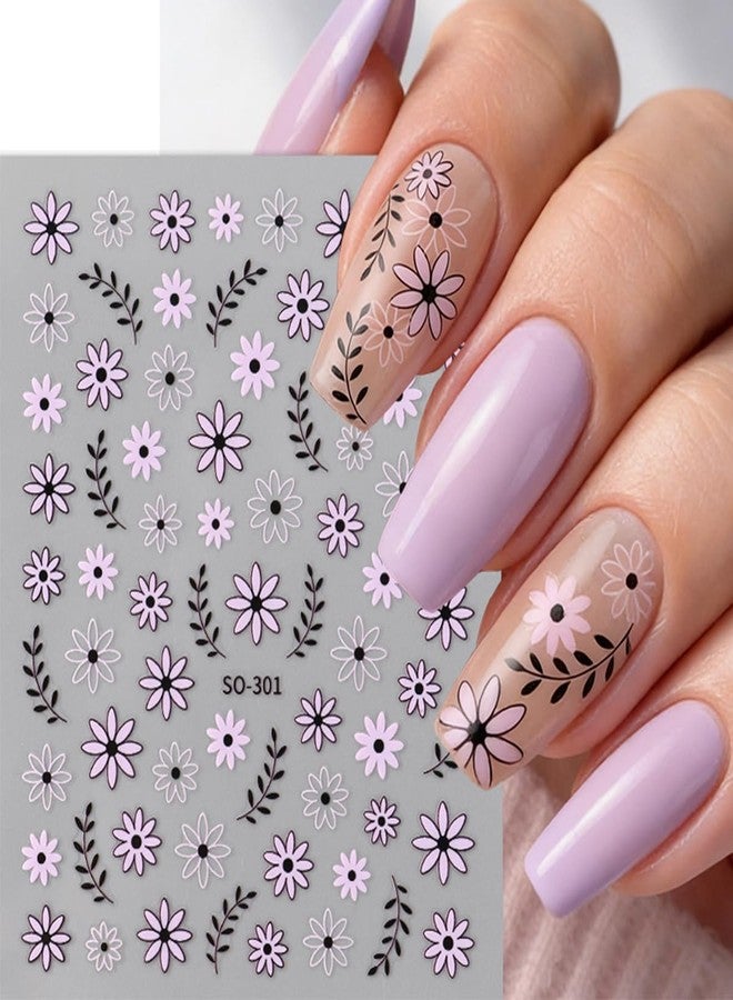 BYJKYEN Black White Daisy Flowers Nail Stickers 3D Self Adhesive Purple Floral Nail Art Stickers Spring Cute Little Daisy Flower Nail Decals for Women Spring Summer DIY Nail Decor (6 Sheets) - Image 2