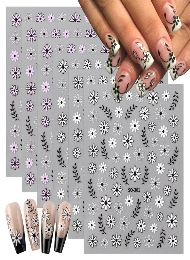 BYJKYEN Black White Daisy Flowers Nail Stickers 3D Self Adhesive Purple Floral Nail Art Stickers Spring Cute Little Daisy Flower Nail Decals for Women Spring Summer DIY Nail Decor (6 Sheets) - Image 1