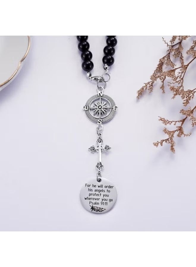 Stainless Steel Cross Car Rearview Mirror Charm, Psalm 91:11 Bible Verse Guardian Angel Pendant, Safe Travel Religious Gift for Men & Women - Image 2