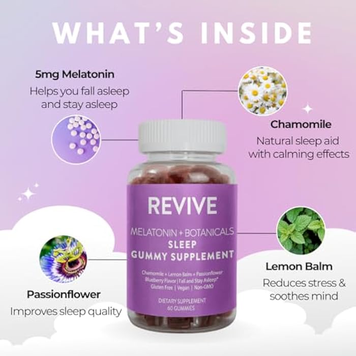 REVIVEEO Melatonin & Botanicals Sleep Gummy Supplement by Revive Essential Oils with Chamomile, Lemon Balm & Passionflower - 5 mg Melatonin - Blueberry Flavored - Image 2