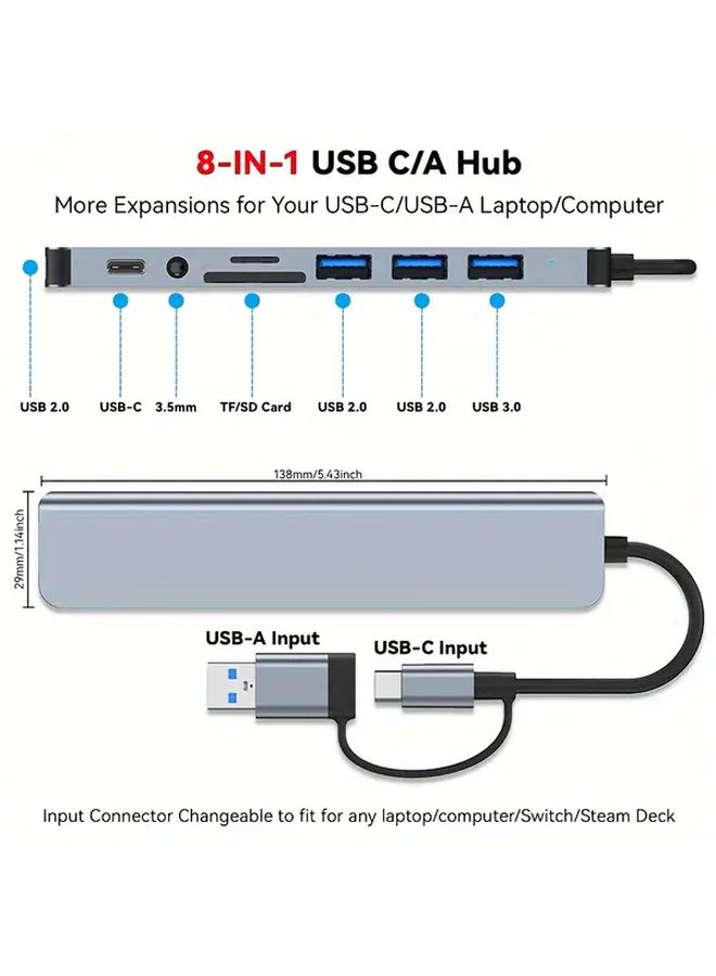 8 In 1 USB Hub With SD TF Card Reader Audio Jack 4 Port USB C Powershare Docking Station - Image 2