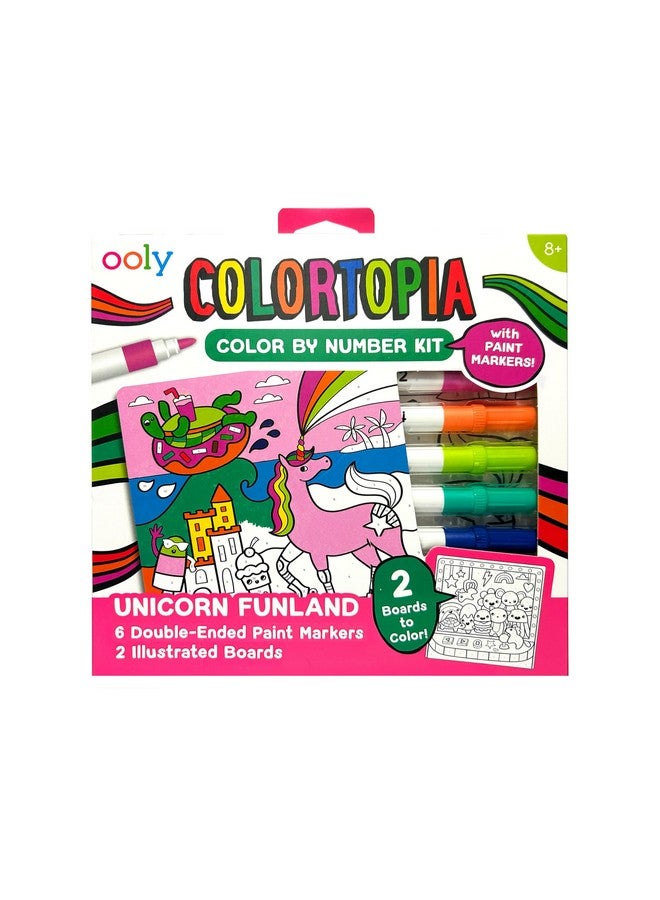 Ooly Colortopia Color by Number Paint Marker Kit - 2 Illustrated Boards, 6 Double-Ended Water-Based Paint Markers, 2 Removable Display Stands, Non-Toxic Art Kit for Kids & Teens - Unicorn Funland - Image 1