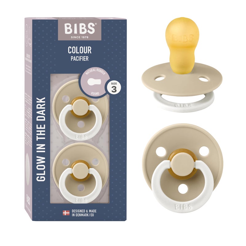 BIBS Pacifiers Colour Collection Natural Rubber Baby Pacifier Round Nipple Set of 2 BPAFree Soothers Made in Denmark 18 Months Pack of 2 Vanilla Night