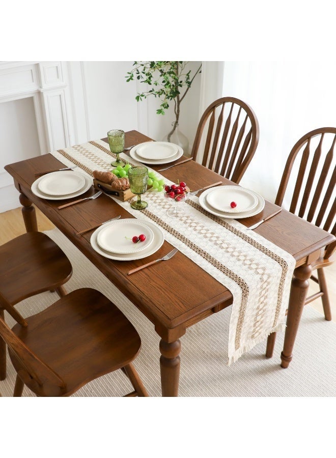 Arabest Boho Table Runner with Tassels 12 x 72 Inches Long, Cream & Brown Rustic Farmhouse Table Runner with Tassels for Home Kitchen Holiday Party and Wedding Decor Runner, Patchwork style - Image 3