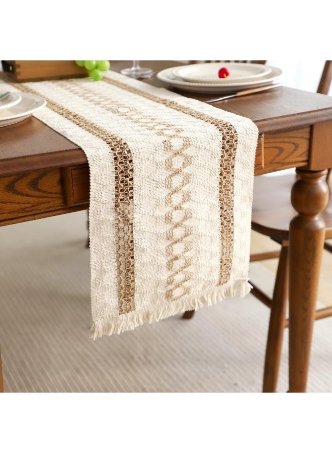 Arabest Boho Table Runner with Tassels 12 x 72 Inches Long, Cream & Brown Rustic Farmhouse Table Runner with Tassels for Home Kitchen Holiday Party and Wedding Decor Runner, Patchwork style - Image 1