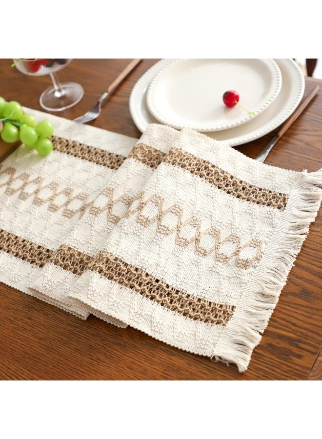 Arabest Boho Table Runner with Tassels 12 x 72 Inches Long, Cream & Brown Rustic Farmhouse Table Runner with Tassels for Home Kitchen Holiday Party and Wedding Decor Runner, Patchwork style - Image 4