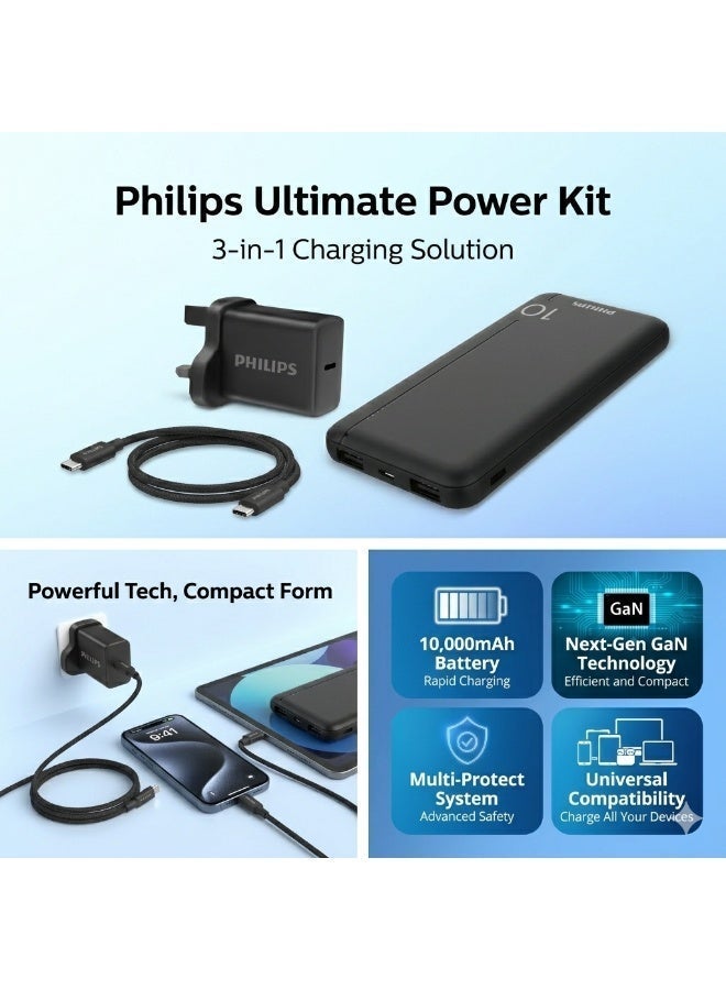 Philips Ultimate 3-in-1 Power Kit - 30W GaN Wall Charger + 10,000mAh 20W PD Power Bank + 65W Braided USB-C Cable (1.2m) - Black - Image 1