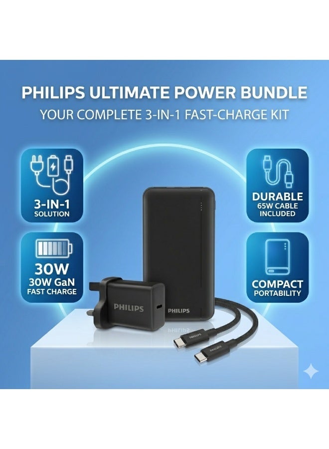 Philips Ultimate 3-in-1 Power Kit - 30W GaN Wall Charger + 10,000mAh 20W PD Power Bank + 65W Braided USB-C Cable (1.2m) - Black - Image 2