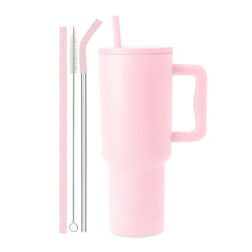 Vasukie 1200 ML Stainless Steel Tumbler with Handle and Lid,2 Straw | 100% Leakproof Travel Mug Water Cup for Gym, Office & Outdoor Use (Misty Rose) - Image 1