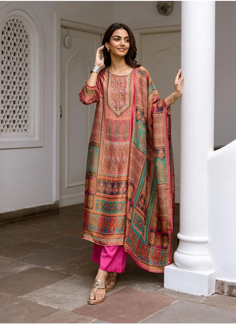 آي شين Women's Pink Tissue Shimmer Printed Tunic Full Length Casual Straight Fit Kurta Set