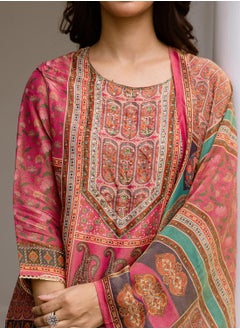 ISHIN Women's Pink Tissue Shimmer Printed Tunic Full Length Casual Straight Fit Kurta Set  - Image 3