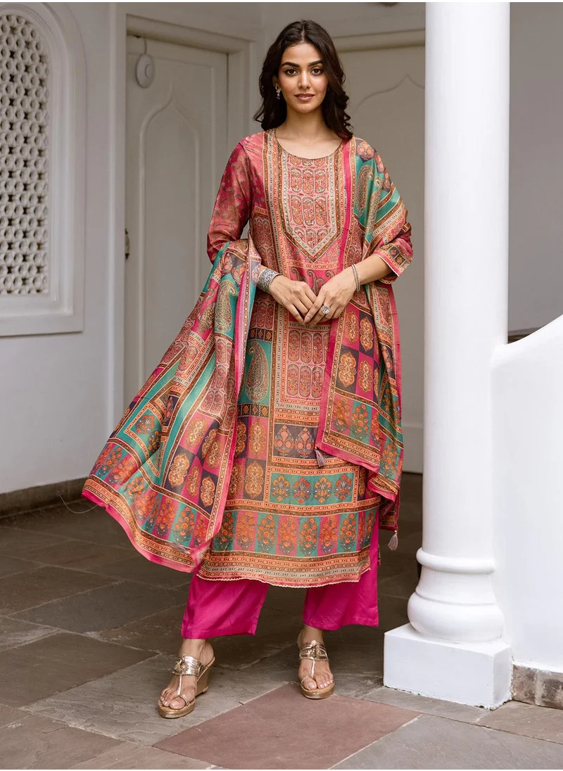 آي شين Women's Pink Tissue Shimmer Printed Tunic Full Length Casual Straight Fit Kurta Set