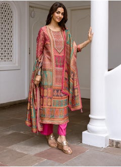 ISHIN Women's Pink Tissue Shimmer Printed Tunic Full Length Casual Straight Fit Kurta Set  - Image 5