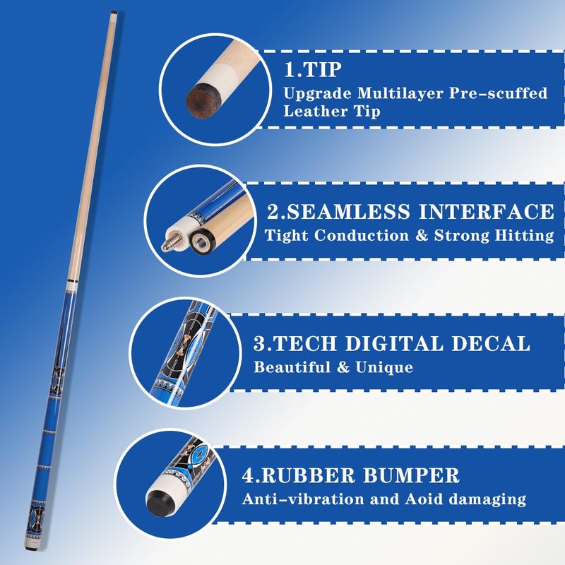 Walkerbyã€‘48 Inch Short Pool Cue Stick for Beginners, Canadian Maple Billiard Cues for Limited Spaces, 48 inch Junior Size Cue with Premium Leather Tip (Blue 19 oz) - Image 2