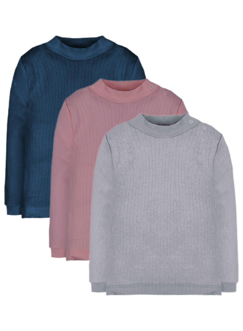 فاني باني مجموعة من 3 قمصان داخلية مضلعة بأكمام طويلة ورقبة عالية للأطفال - Image 1