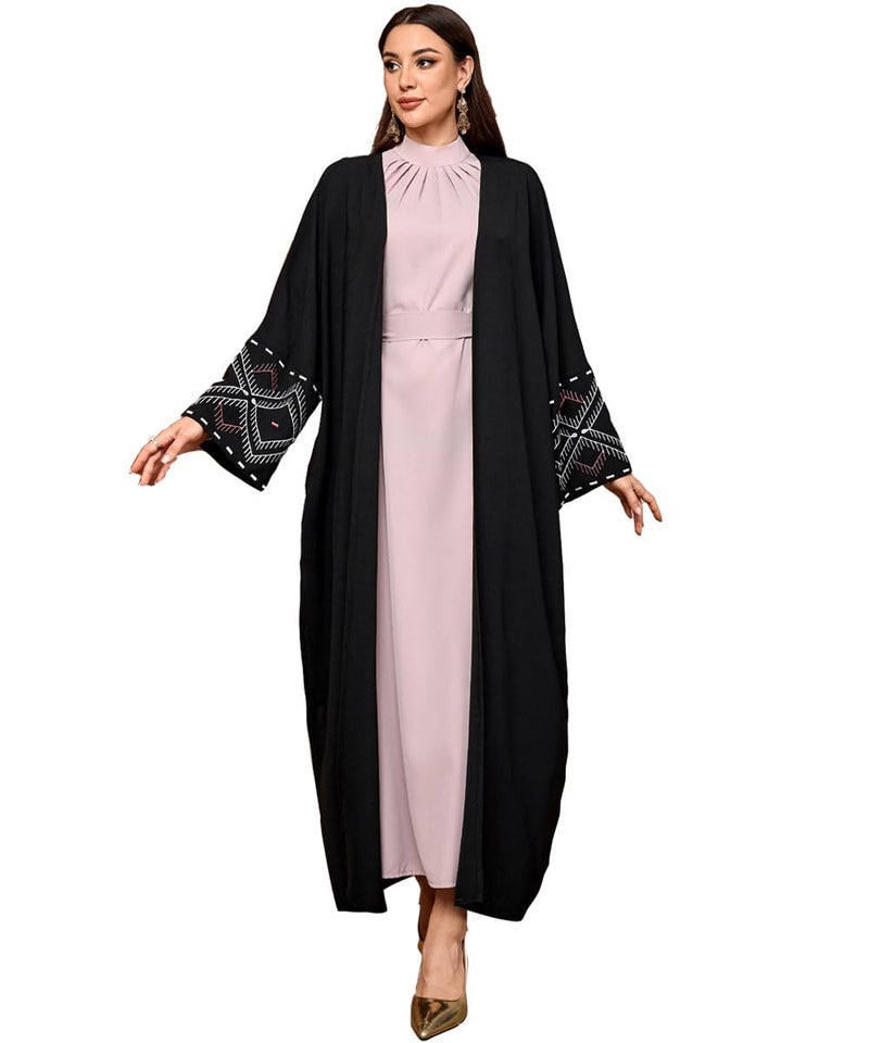 MedeShe Womens Ethnic Embroidery Muslim Abaya Open Kimono Cardigan Jalabiya B Style Black One Size