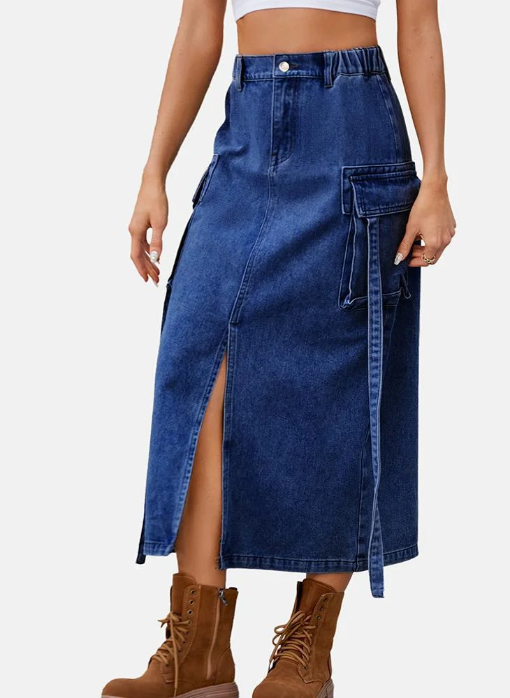 YUNIQEE Blue Mid Rise Plain Midi Skirt