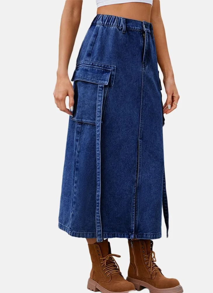 YUNIQEE Blue Mid Rise Plain Midi Skirt