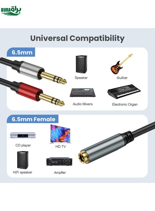 BURAQ 2m Gold Plated 6.35mm Female to 2 x 6.35mm Male Stereo Audio Adapter Y Splitter Cable(Black) - Image 4