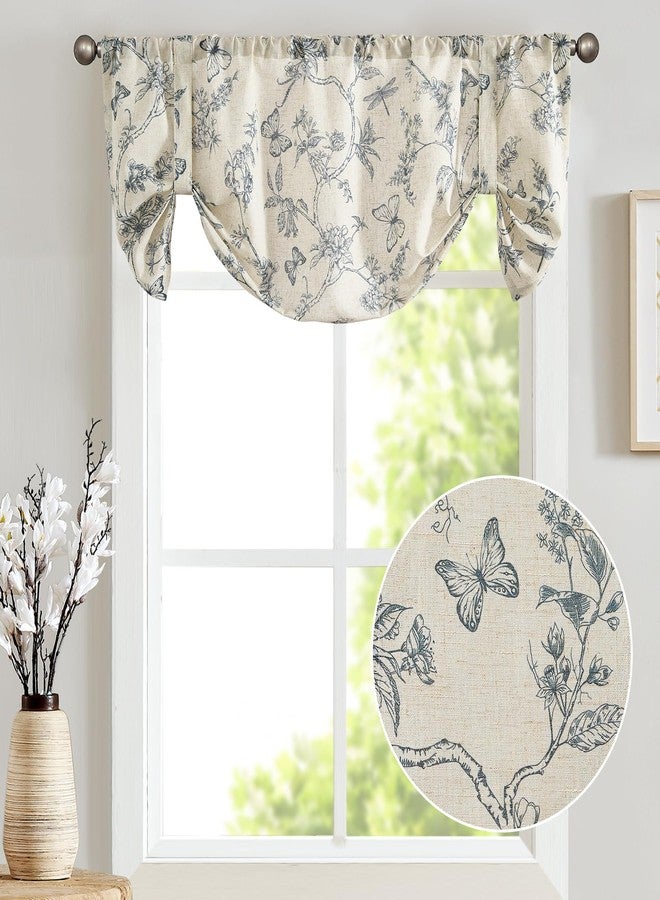 Lazzzy Kitchen Tie Up Curtain Linen Floral Farmhouse for Living Room Bathroom Bedroom Country Window Treatments Small Cafe 18 Inch Rod Pocket Blue on Beige - Image 2
