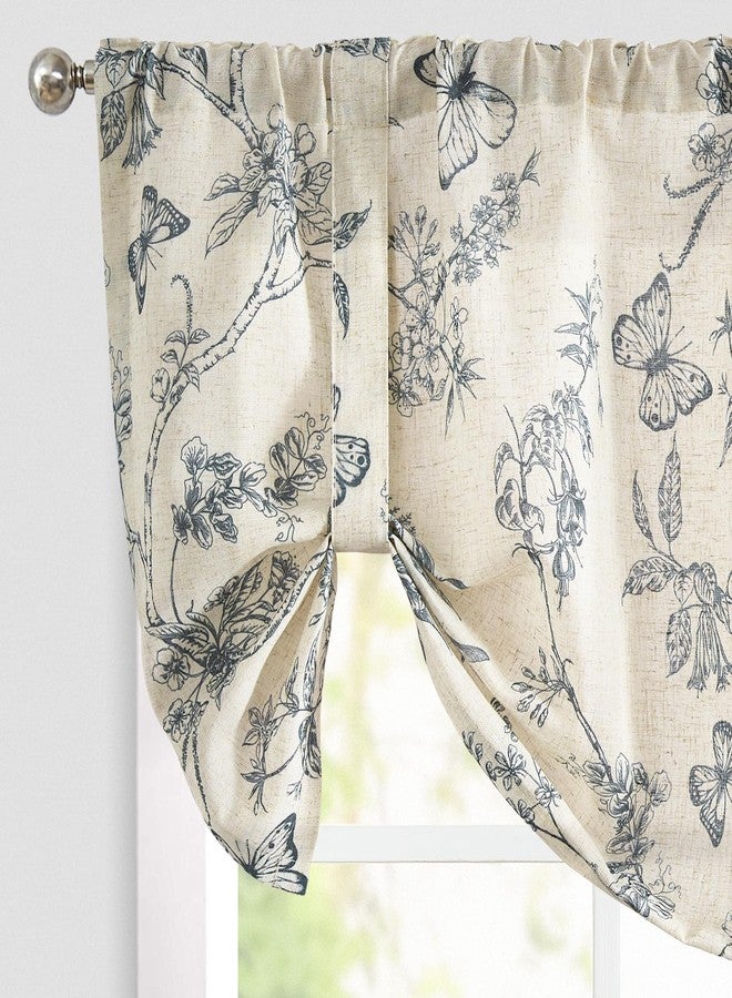 Lazzzy Kitchen Tie Up Curtain Linen Floral Farmhouse for Living Room Bathroom Bedroom Country Window Treatments Small Cafe 18 Inch Rod Pocket Blue on Beige - Image 1
