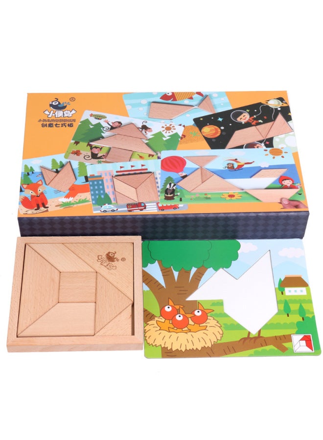 Children's Wooden Creative Geometric Jigsaw Puzzle Wooden Early Education Educational Toys Boys And Girls Intelligence Development Jigsaw Puzzle Games-Color:XHN-Log Color Tangram - Image 2