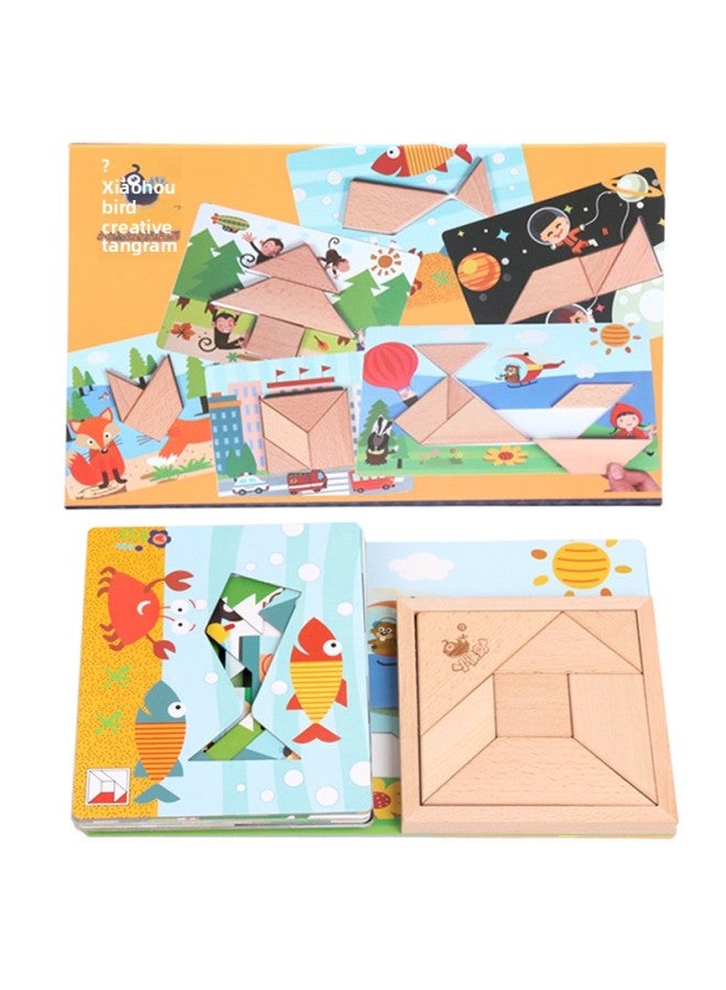 Children's Wooden Creative Geometric Jigsaw Puzzle Wooden Early Education Educational Toys Boys And Girls Intelligence Development Jigsaw Puzzle Games-Color:XHN-Log Color Tangram - Image 1