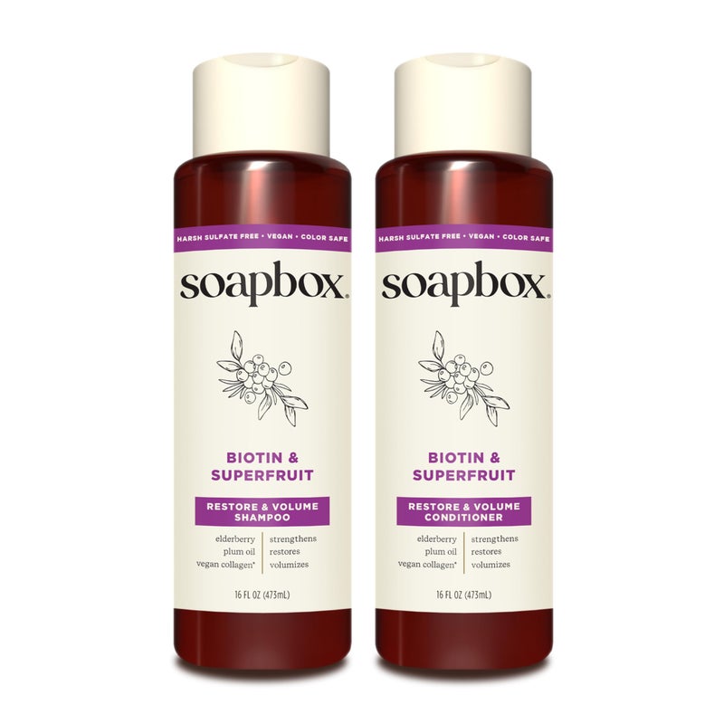 Soapbox Biotin & Superfruit Shampoo & Conditioner Set with Vegan Collagen, Aloe and Shea Butter, Pack of 2 Harsh Sulfate Free, Paraben & Silicone Free, 16 Ounces Each - Image 1