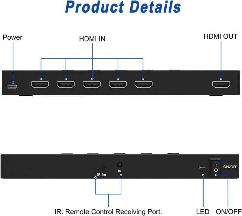 محول HDMI 5 في 1 مع مفتاح HDMI 4k@60Hz وجهاز تحكم عن بعد بالأشعة تحت الحمراء - مثالي لـ Nintendo Switch/OLED/Xbox PS5/4/3 مشغل Blu-Ray Fire TV Stick Roku Apple TV Chromecast PC - Image 2