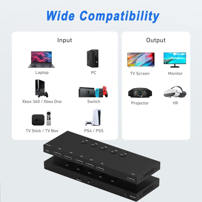 محول HDMI 5 في 1 مع مفتاح HDMI 4k@60Hz وجهاز تحكم عن بعد بالأشعة تحت الحمراء - مثالي لـ Nintendo Switch/OLED/Xbox PS5/4/3 مشغل Blu-Ray Fire TV Stick Roku Apple TV Chromecast PC - Image 3