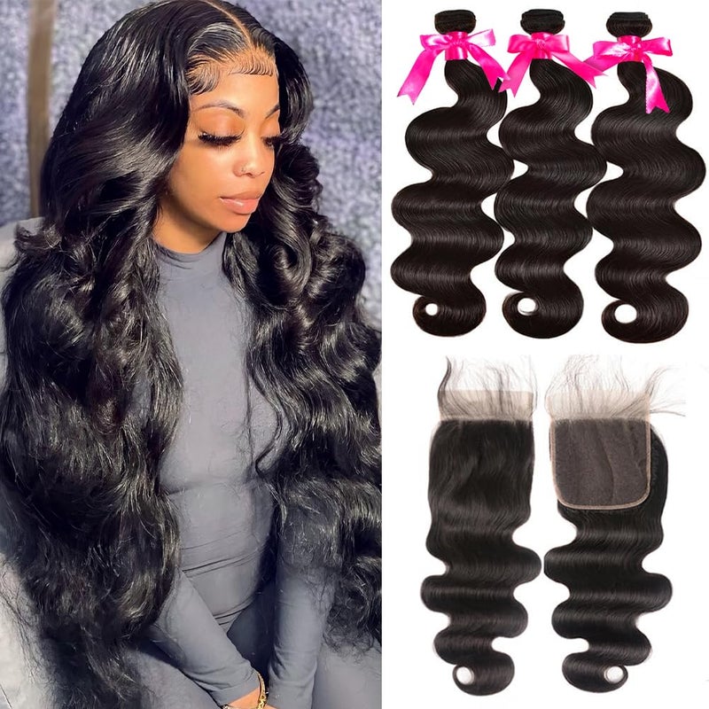 Flady Brazilian Body Wave human Hair bundles with closure 16 18 2012 weave bundles with closure human hair 100 unprocesed brazilian remy human hair extensions wih 4x4 lace closure