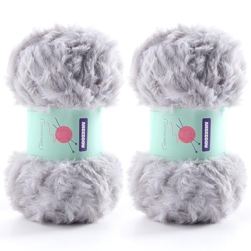 DAERBOF 2 Skeins Soft Chunky Fluffy Fuzzy Faux Fur Yarn for Crocheting Eyelash Furry Yarn for Knitting Blankets Scarves and Sweaters 35 Oz75 Yards Per RollLight Grey - Image 1