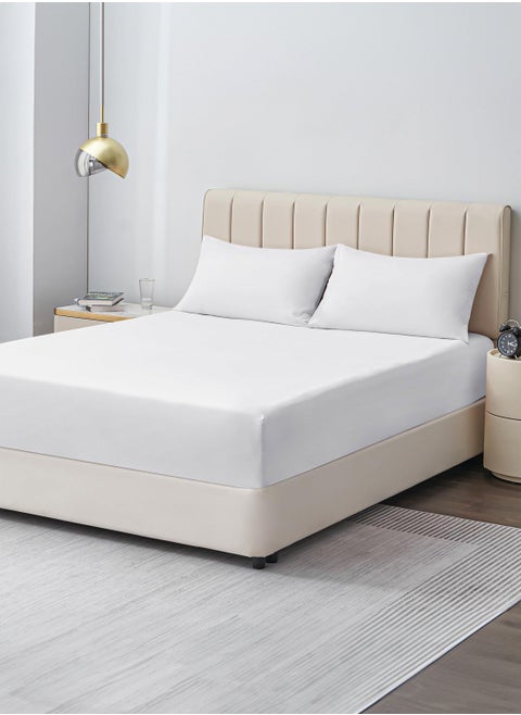 Double Plain Fitted Elastic Bedsheet with 2 Pillow Case 160 x 200 Cm White