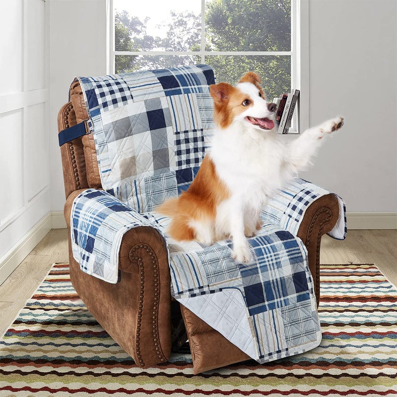 Brilliant Sunshine Blue Plaids and Stripes Patchwork Quilted Recliner Slipcover, 26" Seat Width, Slip Resistant Furniture Protector, 2" Strap, Washable Reclining Chair Cover for Kids, Dogs, Cats, Blue - Image 1