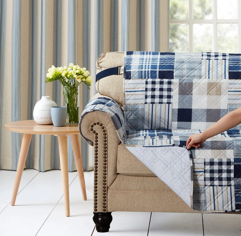Brilliant Sunshine Blue Plaids and Stripes Patchwork Quilted Recliner Slipcover, 26" Seat Width, Slip Resistant Furniture Protector, 2" Strap, Washable Reclining Chair Cover for Kids, Dogs, Cats, Blue - Image 3