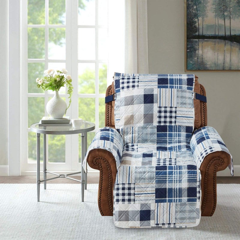 Brilliant Sunshine Blue Plaids and Stripes Patchwork Quilted Recliner Slipcover, 26" Seat Width, Slip Resistant Furniture Protector, 2" Strap, Washable Reclining Chair Cover for Kids, Dogs, Cats, Blue - Image 2