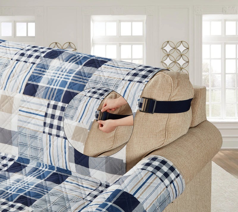 Brilliant Sunshine Blue Plaids and Stripes Patchwork Quilted Recliner Slipcover, 26" Seat Width, Slip Resistant Furniture Protector, 2" Strap, Washable Reclining Chair Cover for Kids, Dogs, Cats, Blue - Image 4