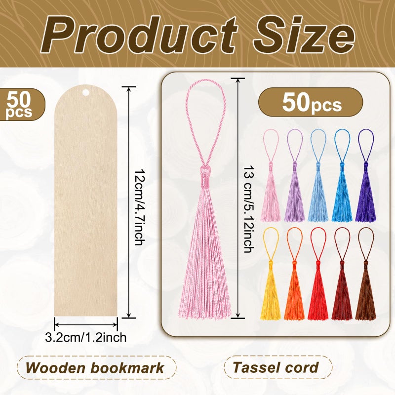 HAPY SHOP 50 PCS Wooden Bookmarks with 50 PCS Multi-Color Tassels,4.7x1.2 in Blank Bookmark DIY Bookmarks,Book Mark Craft for Christmas, Valentineâ€™s Day, Birthdays - Image 2