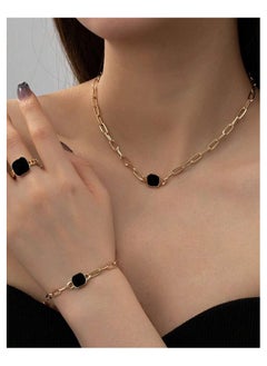 Generic Retro Fashion Jewelry Set for Women - Black Square Necklace, Bracelet, and Ring - Vintage-Inspired Accessories  - Image 1