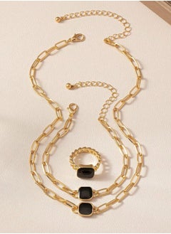 Generic Retro Fashion Jewelry Set for Women - Black Square Necklace, Bracelet, and Ring - Vintage-Inspired Accessories  - Image 2